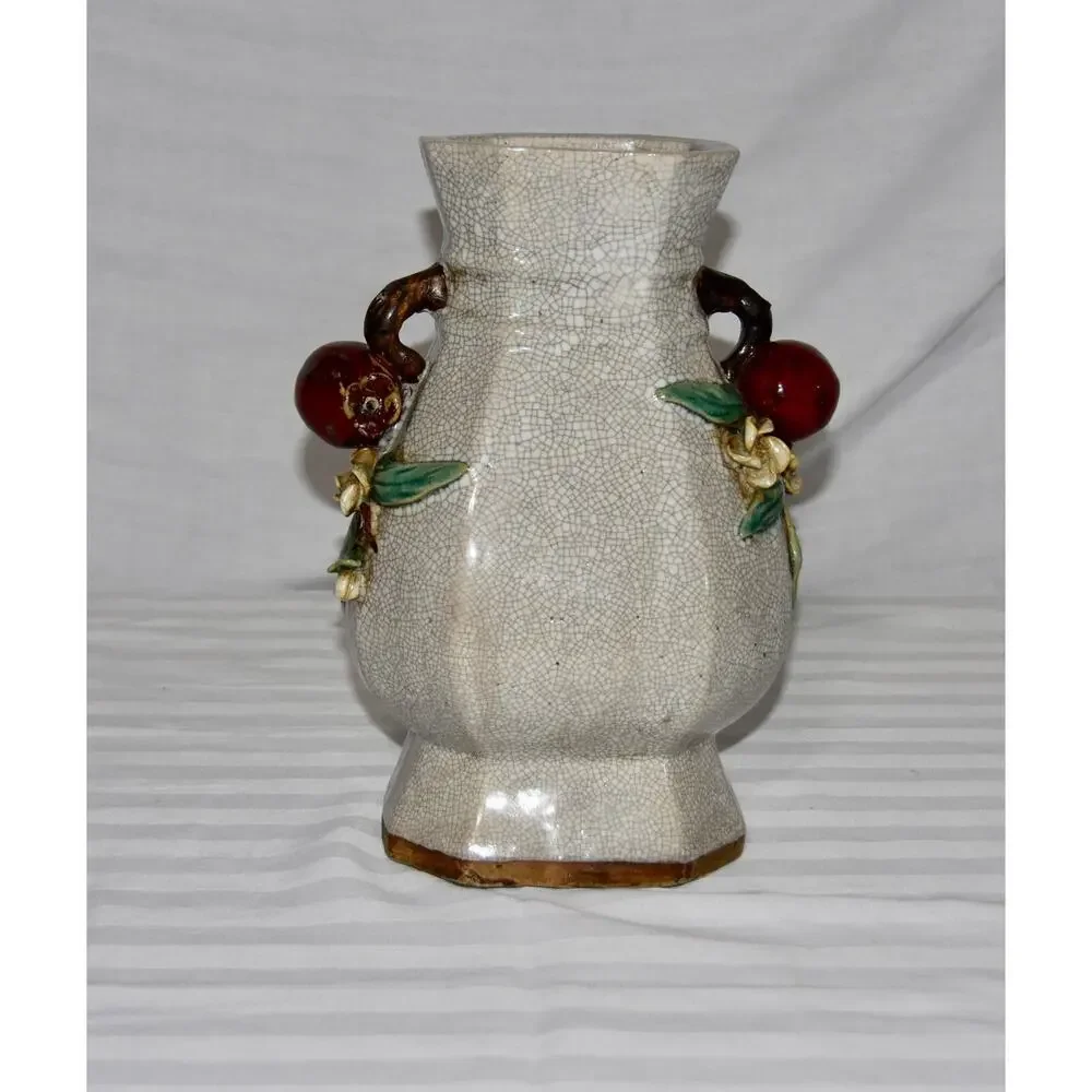 Majolica Chinese Crackle Ceramic Stoneware Vase With Pomegranates Handles
